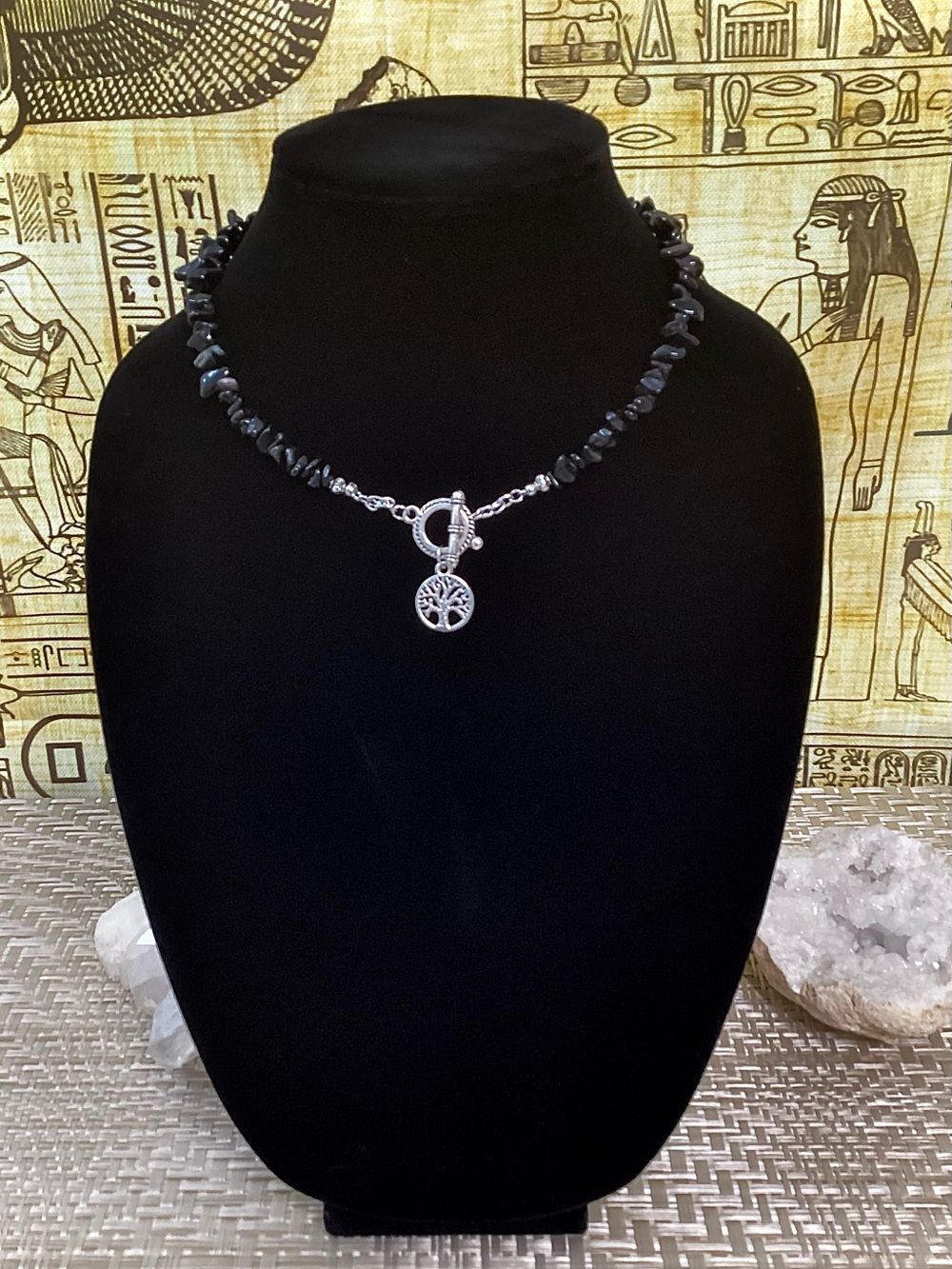 Handcrafted Black  Obsidian Chip Bead Necklace with Silver Tree of Life Charm